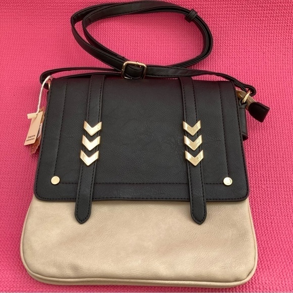 Double Compartment Med .Flapover Crossbody Bag Black / Beige - Picture 8 of 8